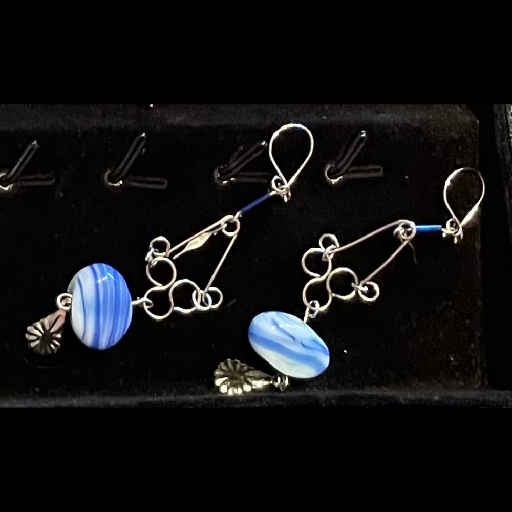 Never worn blue, white, silver tone dangle earrings
